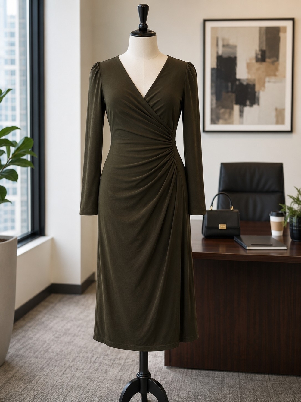 Lauren Ralph Lauren Olive Wrap-Style Ruched Midi Dress